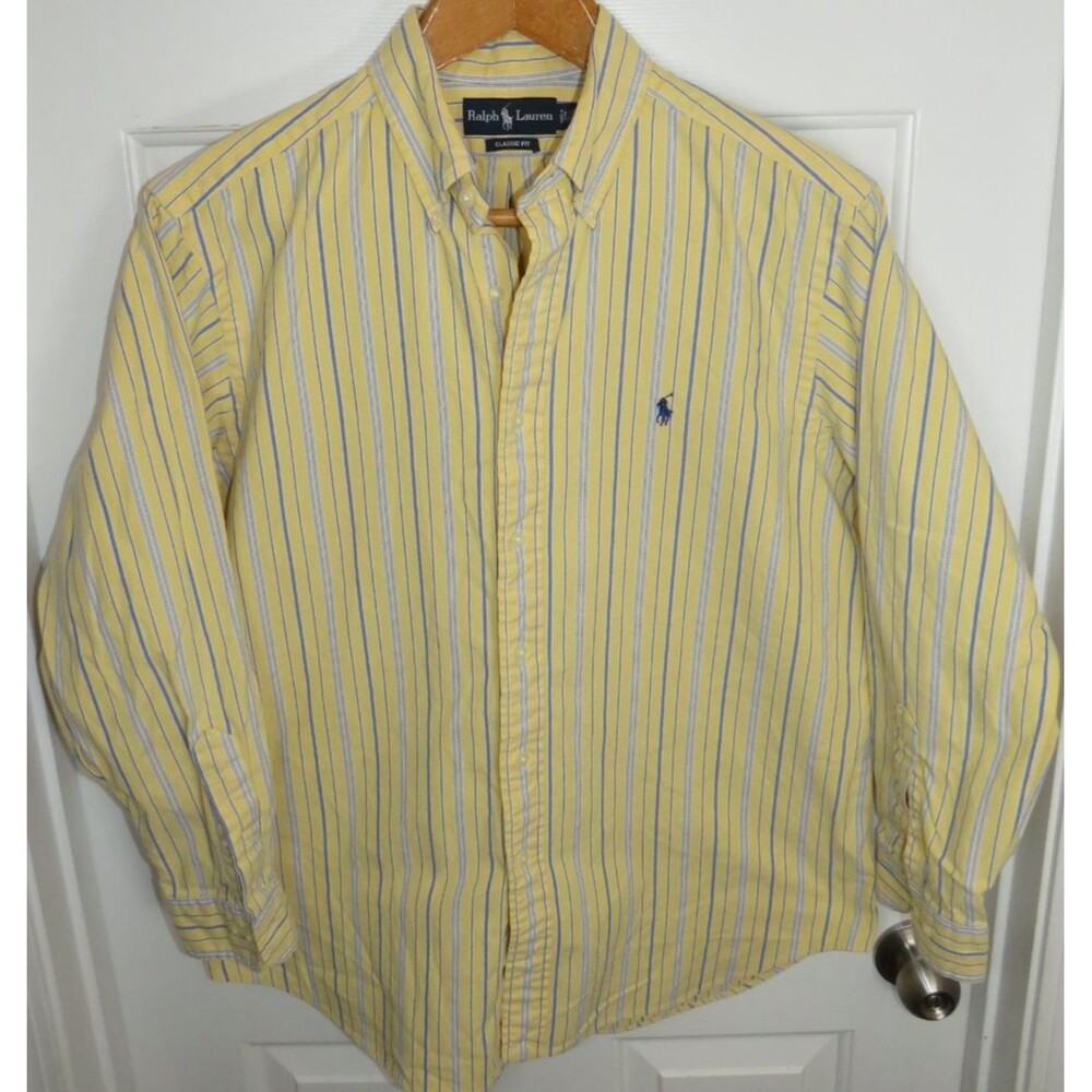 Ralph Lauren Classic Fit Oxford Shirt Blue/Yellow Striped Pony Size 16.5 32/33